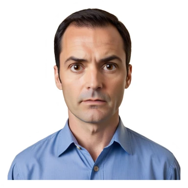Man in his 40s with wide square face, marked jawline, full cheeks, looking incredulous with raised eyebrows, skeptical expression, medium dark brown eyes widened in disbelief, thick natural eyebrows, wide nose, mouth in a doubting smirk, short neat dark hair, wearing a blue button-up shirt sticker