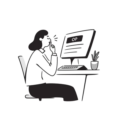 Person with calm expression, breathing deeply, finger hovering over keyboard, email draft visible sticker