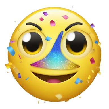 reate a 3D happy emoji with a bright yellow sphere, large sparkling eyes, and a wide grin. Add colorful confetti around it, and use a glossy finish for a vibrant look. sticker