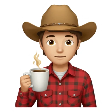 generate an ios genmoji of a 20 year old tan boy with a cowboy hat and side burns. Wearing a flannel and carrying a coffee mug sticker