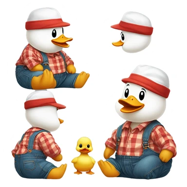 sitting cute fluffy chubby baby duck with hand, wear green hat and red checkered shirt and jeans jumpsuit sticker