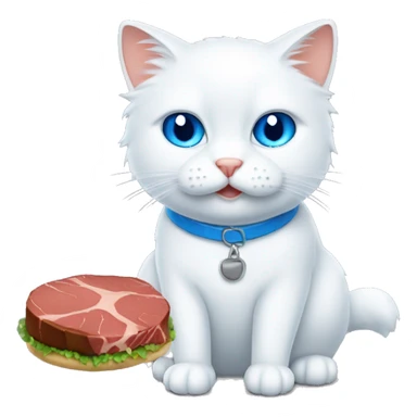 Fluffy white Cat with blue eyes eating steak sticker