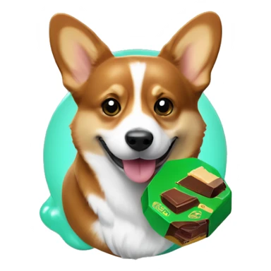 a corgi next to “dubai chocolate” which is a brown chocolate with a green filling inside it sticker