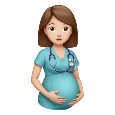A pregnant woman with long brown hair and belly with a stethoscope sticker
