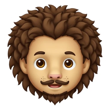 Make a cute boy lion with curly dark brown hair with a disconnected goatee and medium skin with a thin mustache sticker