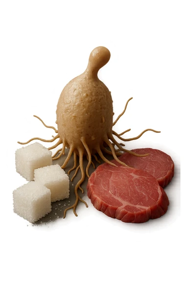 un batterio della candida si nutre di zollette di zuccheri e fettine di carne, IPERREALISTICO 4K sticker