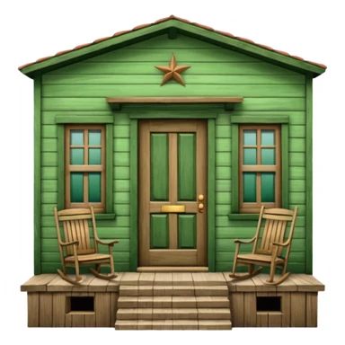 Puerto Rican wooden house facade, central door, two windows, front balcony with rocking chair, scenic frame, humble but well-maintained, warm and authentic, green color sticker