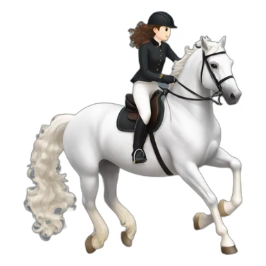 a BLACK HORSE JUMPING AN OBTACLE, THE HORSE HAS A WHITE BLAZE AND THREE WHITE SOCKS. tHE HORSES RIDER IS A YOUNG FEMALE WITH LONG CURLY BRUNNET HAIR sticker