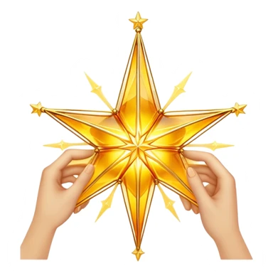 A radiant yellow dream star emerges, carefully being built by hands connecting delicate strands of golden thread and translucent panels of glowing amber glass. sticker