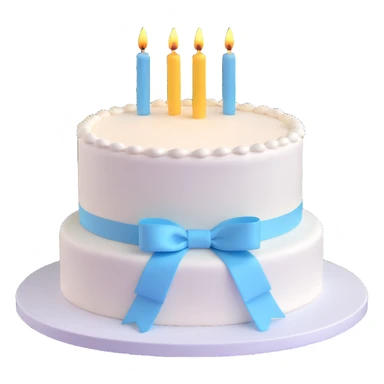 Adjust the cake to a single-level white birthday cake with small light blue ribbons arranged around the top edge, keep the 3D emoji style. sticker
