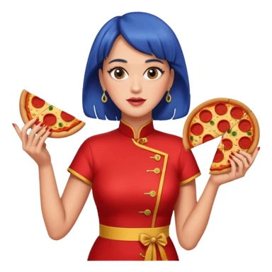 Katy Perry, wearing cheongsam, with pizza sticker