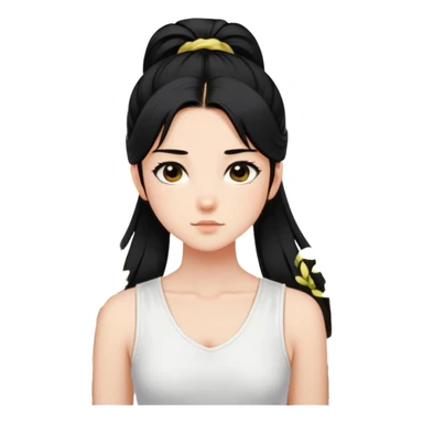 A girl with a high ponytail, a black hair tie, and a sleeveless white top, surrounded by blooming forsythias. sticker