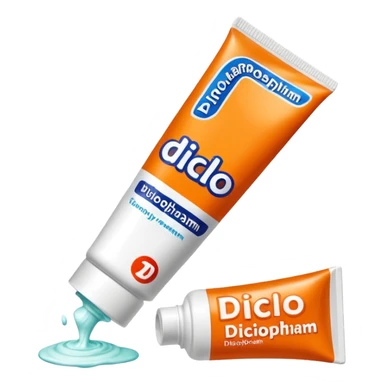an empty, oversized and totally squeezed out tube of toothpaste labelled "Diclo ratiopharm". It is squeezed out to the last drop. Basic color is orange yellowish. sticker