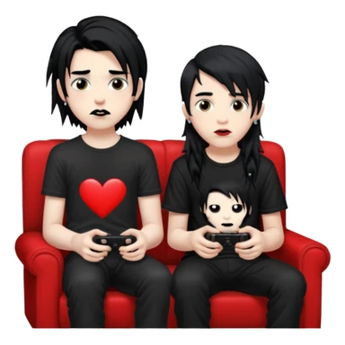 pale Goth boy with a bunch of face piercings, with shaggy dark brown hair, smudged, red, lipstick next to a tan gamer boy with long black hair , they are watching tv together  sticker