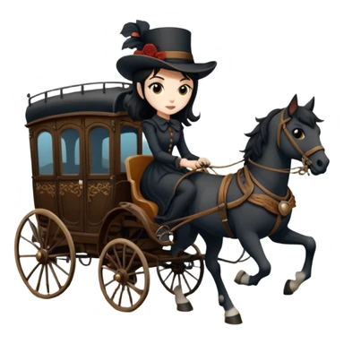  Rustic all black antique wood detailed 1854 pretty dark-haired Catgirl driving a huge horse-drawn fancy French stagecoach Caravan on a bumpy scary ghost trail in the woods  sticker