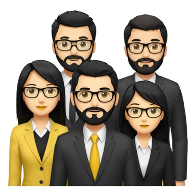 A work group avatar.Layout: two men (middle), two women (sides). Left woman: yellow skin, long black hair, glasses. Middle-left man: yellow skin, short black hair, thick black beard, shirt. Middle-right man: yellow skin, short black hair, no beard, suit. Right woman: yellow skin, long black hair.  sticker