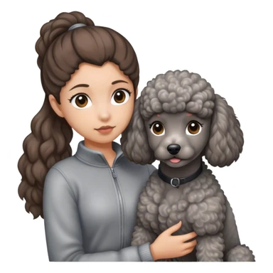 A girl with a brown ponytail holding a grey poodle sticker
