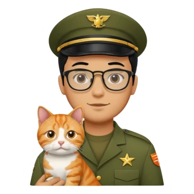 Veterinario hombre trigueño con lentes, con cabello negro, y con uniforme veterinario color verde militar cargando un gato naranja sticker