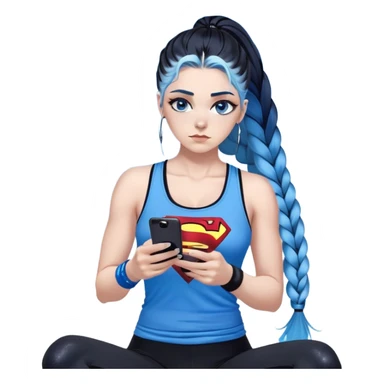Shameful and disappointed-Female-very very very larger chest-texting on a samsung cell phone-very long straight braided black to sky blue hair ombre-blue eyes-black eyeliner-long eyelashes-glitter and sky blue very low cut tank top with superman logo-black leggings-nike hightop sneakers sticker