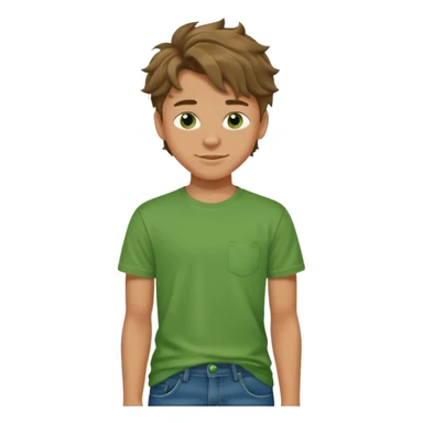 A 14 yerar old teenage boy, tanned, wearing a green t-shirt , blue jeans and green sneakers with brown wavy tousled hair, smirking sticker