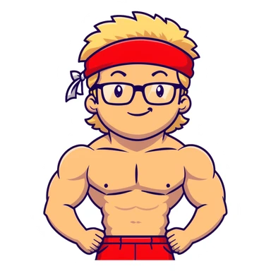 Man with black and white cap, shirtless muscular body, red shorts, clear glasses, messy light blond mullet hairstyle, flexing muscles and smiling sticker