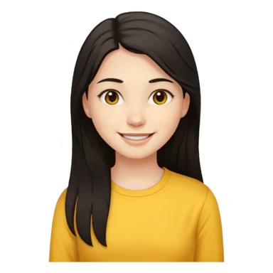 girl using her laptop, long dark hair with no part, white skin and yellow shirt long sleeves, smiling sticker
