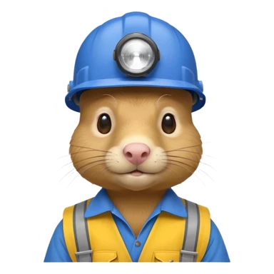 a mole rat, blue helmet, headlamp, yellow worker cloth sticker