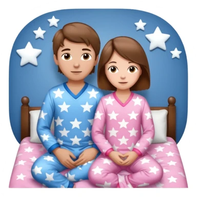 Brown haired boy with blue pajamas with stars on them and a brown haired girl with pink pajamas, and stars on them sticker