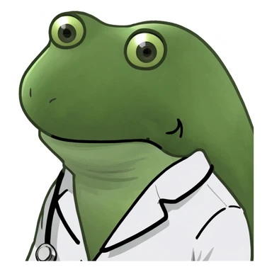 bufo frog wearing a white doctor's coat, sad eyes looking directly at the camera sticker