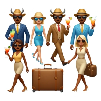 generate an emoji of a group of up to 8 male and female bulls travelling together on holidays. One bull has a suitcase, one has sunglasses, one is carrying a cocktail. They're all in motion, walking together sticker