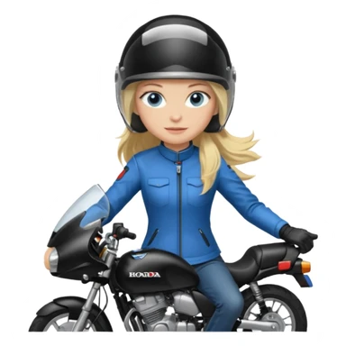 moça loira de cabelo comprido e olhos azuis com capacete em moto honda 150 preta em cima da moto sticker