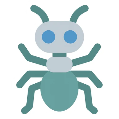 robot ant icon, flat color style, contemporary sticker
