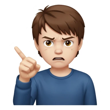 angry young boy pointing fingure at his own face sticker