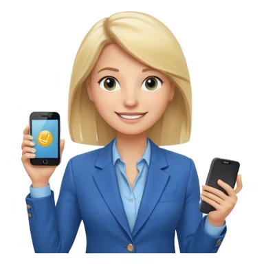 Confident and outgoing female entrepreneur, Caucasian features, shoulder-length blonde hair, big friendly smile, expressive eyes, wearing a blue blazer over a light blue blouse, holding a smartphone in one hand, waist-up, front-facing sticker