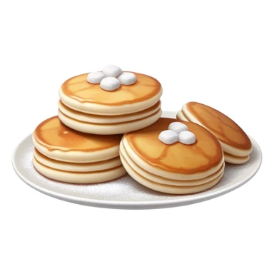 Cinematic Realistic Poffertjes Dessert Emoji, depicted as small, fluffy mini pancakes dusted with powdered sugar rendered with lifelike texture and warm, inviting lighting. sticker