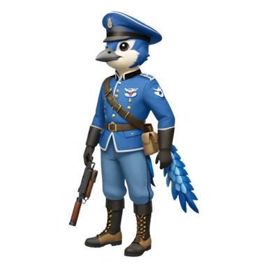A bluejay bombadier, grenadier, military uniform, bandolier of grenades, bombs, side profile, feet included  sticker