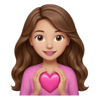 girl with long wavy brown hair, brown eyes, light to medium complexion, in a pink shirt, pink lips, long lashes, smiling, squeezing a big heart sticker