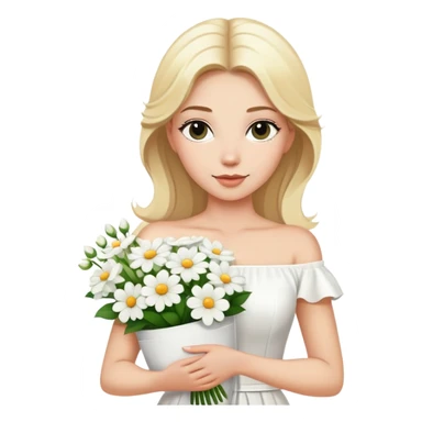 blonde woman in a white off-shoulder dress with a bouquet of white flowers in a white bag in her right hand sticker