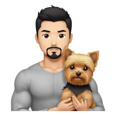 Dark haired Korean Asian handsome muscular man with black pointy hair full goatee.   Holding one blonde yorkie.  sticker