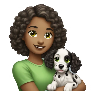 Girl with dark brown curly hair and green eyes is holding Dalmatian puppy sticker