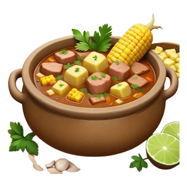 Cinematic Realistic Sancocho Antioqueño Emoji, depicting a hearty Colombian stew brimming with tender cuts of meat, yuca, plantains, corn on the cob, and potatoes in a rich, flavorful broth. Served in a rustic clay bowl with fresh cilantro and lime on the side, rendered with warm, inviting textures and homely, comforting lighting. sticker