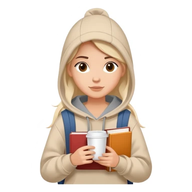 A flat-style illustration of a woman college student with a tote bag over the shoulder and a book in one hand and coffee. The student wears a hoodie. Clean cartoon style, white background, iOS emoji aesthetic. sticker