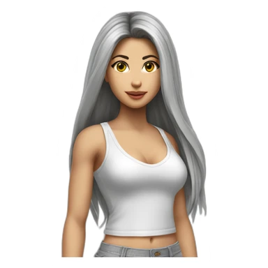 hyperrealistic shakira, long straight hair, white deep v-neck crop tanktop, gray tight mini skirt, frontal body view sticker