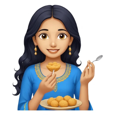a pretty tan indian bratz girl with wavy long BLACK hair. eyeliner on, wearing a blue kurti, eating golgappa. NO SPOON sticker