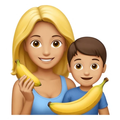 create a mother and boy mother giving banna to his son sticker