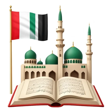 An icon featuring the mosque and the big flag of United Arab Emirates, symbolizing the Arabic language. The design includes an open book with Arabic script and calligraphy, representing language learning and cultural heritage. Transparent background sticker