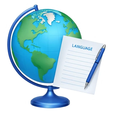Create an emoji representing language translation. The design should feature a globe in the background, symbolizing international communication. In front of the globe, place two books or sheets of paper with texs on them and a pen nearby to indicate the act of writing. Use a clean and professional color palette with blues, greens, and neutral tones. Make the background transparent. sticker