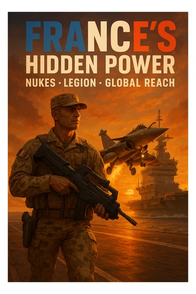 cinematic sunset of Rafale jet launching from French carrier with orange glow, foreground featuring a Foreign Legionnaire in desert camouflage holding a futuristic weapon, bold tricolor text 'FRANCE’S HIDDEN POWER' with subtext 'Nukes • Legion • Global Reach', epic, 8K resolution sticker
