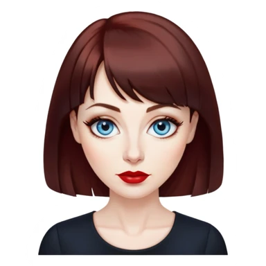 Artistic woman in her 40s with pale skin, oval face, large blue eyes with eyeliner, thin eyebrows, small nose, red lipstick, dark auburn hair with bangs, wearing a black top, mature creative expression sticker
