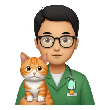 Veterinario hombre trigueño con lentes, con cabello negro, y con uniforme veterinario color verde cargando un gato naranja sticker